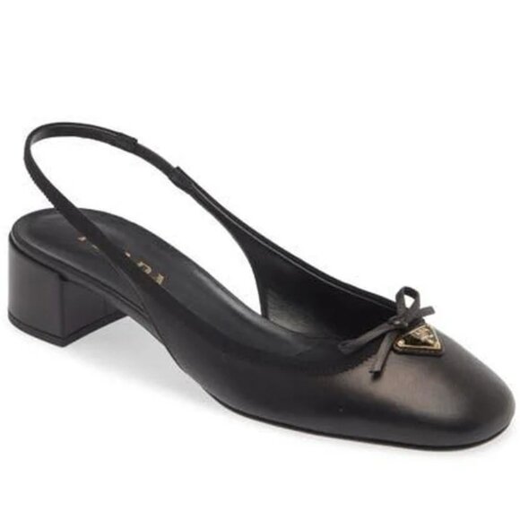 PRADA Triangle Logo Bow Leather Slingback Ballerina Pumps Heels Sandals - Picture 1 of 16